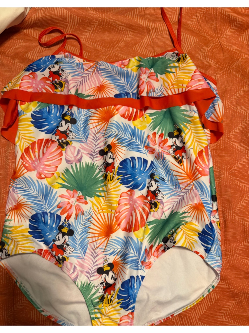 Disney Womens One-Piece Swimsuit — Multicolor Tropical Print with Red Trim